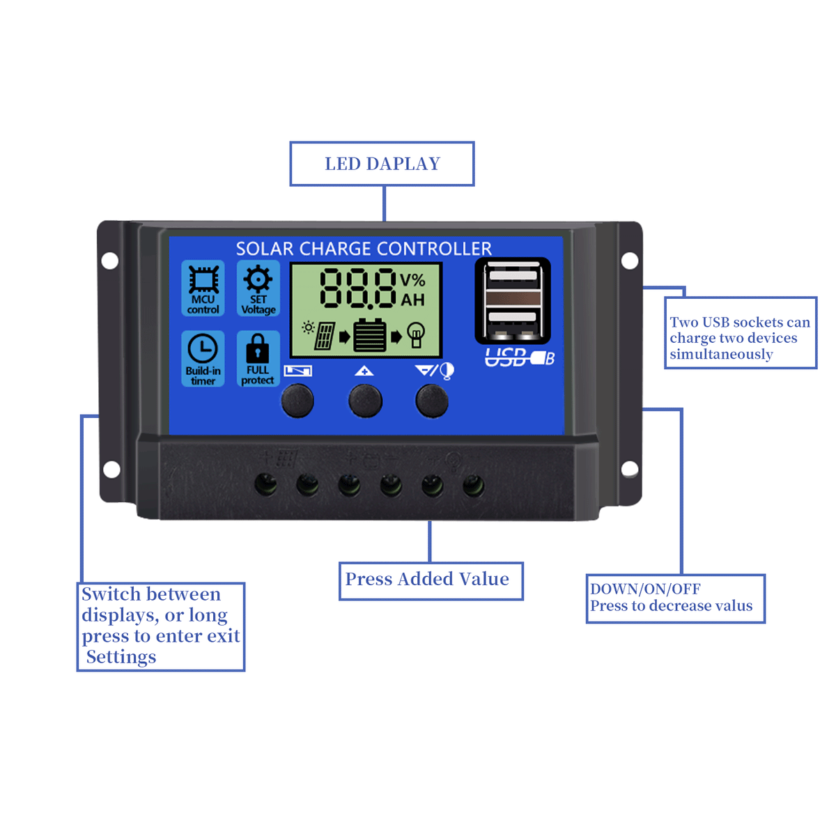30A Solar Panel Battery Charge Controller 12V/24V LCD Regulator USB ...
